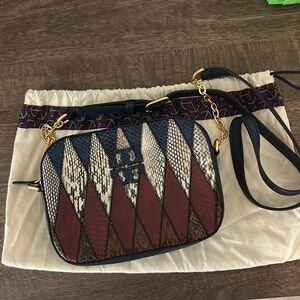 Tory Burch navy, brown and maroon camera bag. Snakeskin trim. Comes w/ dust bag.